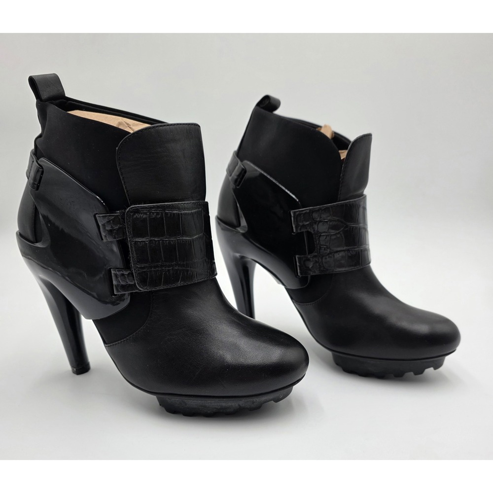 United Nude Black Leather Croc Embossed Heel Ankle Boots Size 37, 6.5 US - Picture 1 of 16